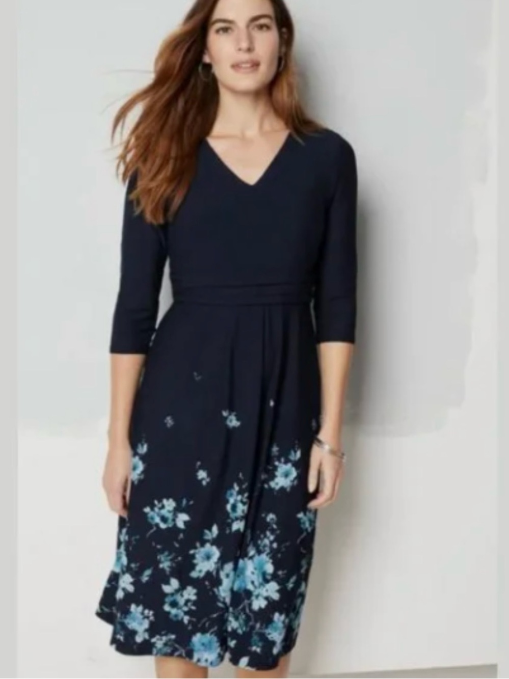J. Jill 3/4 Sleeve Wherever Fit & Flare Dress Navy Blue Floral-Large